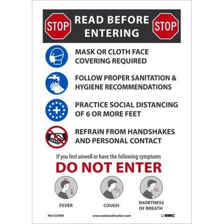 Safety Sign, STOP READ BEFORE ENTERING, Pressure Sensitive Removable Vinyl 0045, 14 H X 10 W In